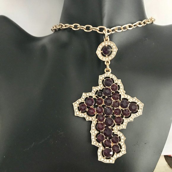 Vintage Style Cross Necklace Purple Crystals Simulated Amethyst Gold Plated 22" - Picture 5 of 14